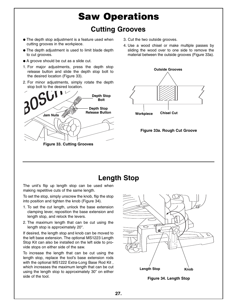 Saw operations, Cutting grooves length stop | Bosch 5412L User Manual | Page 27 / 112