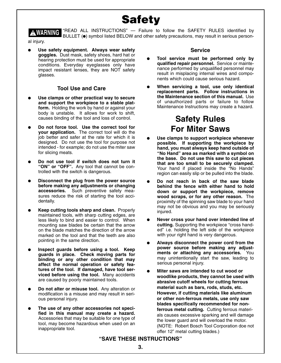Safety, Safety rules for miter saws, Warning | Bosch 5412L User Manual | Page 3 / 112