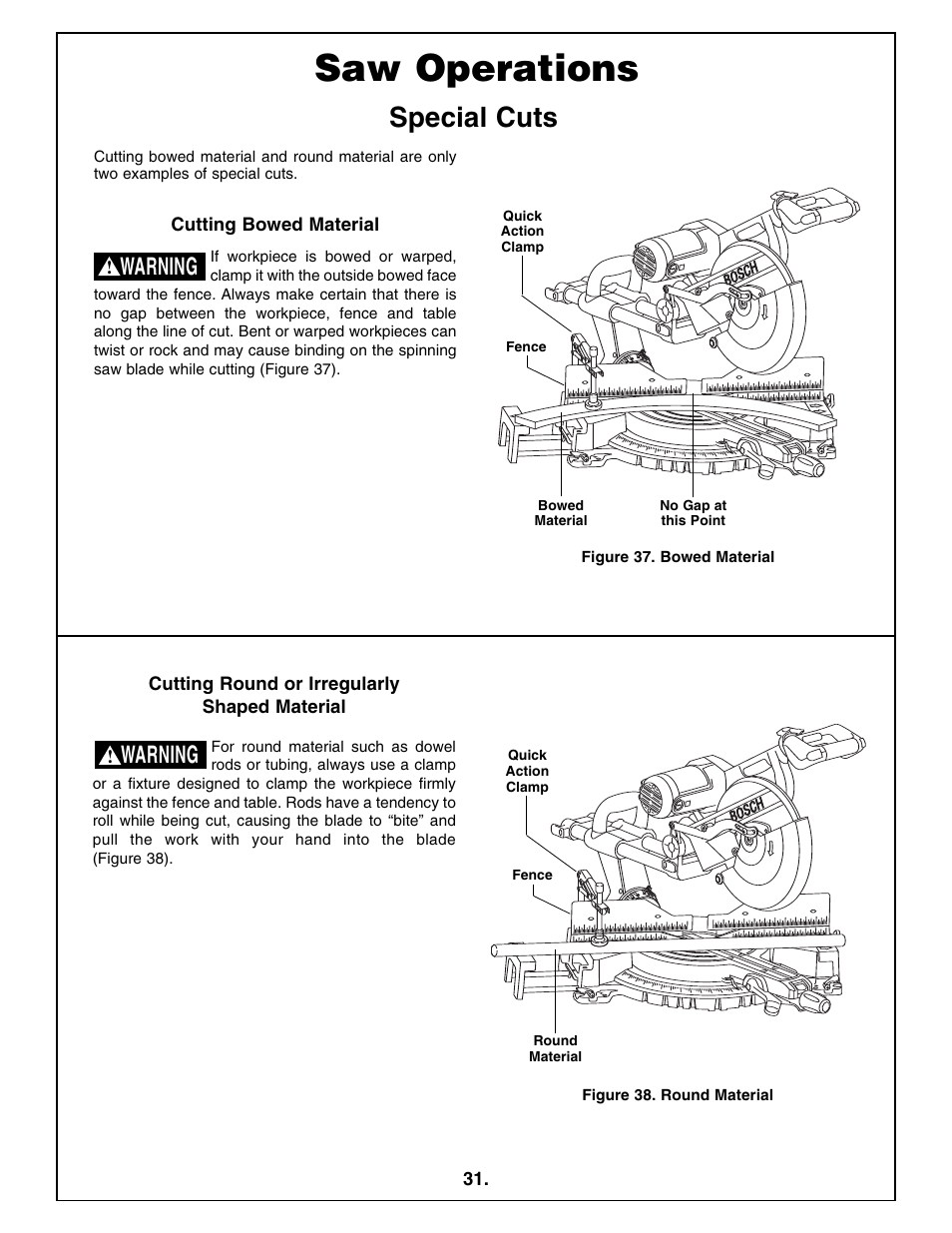 Saw operations, Special cuts, Warning | Bosch 5412L User Manual | Page 31 / 112