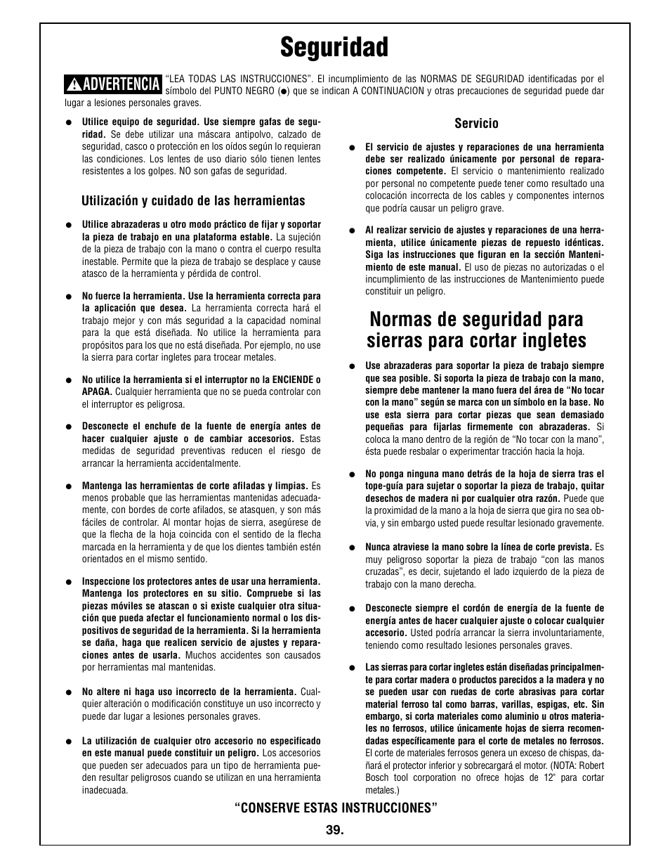 Seguridad, Advertencia, Utilización y cuidado de las herramientas | Servicio, Conserve estas instrucciones” 39 | Bosch 5412L User Manual | Page 39 / 112