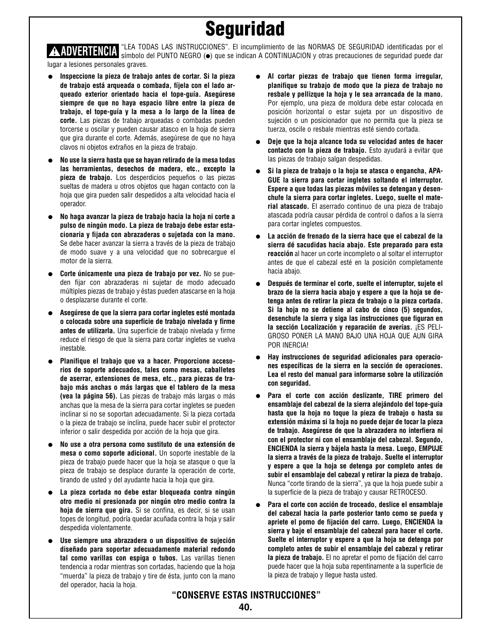 Seguridad, Advertencia, Conserve estas instrucciones | Bosch 5412L User Manual | Page 40 / 112