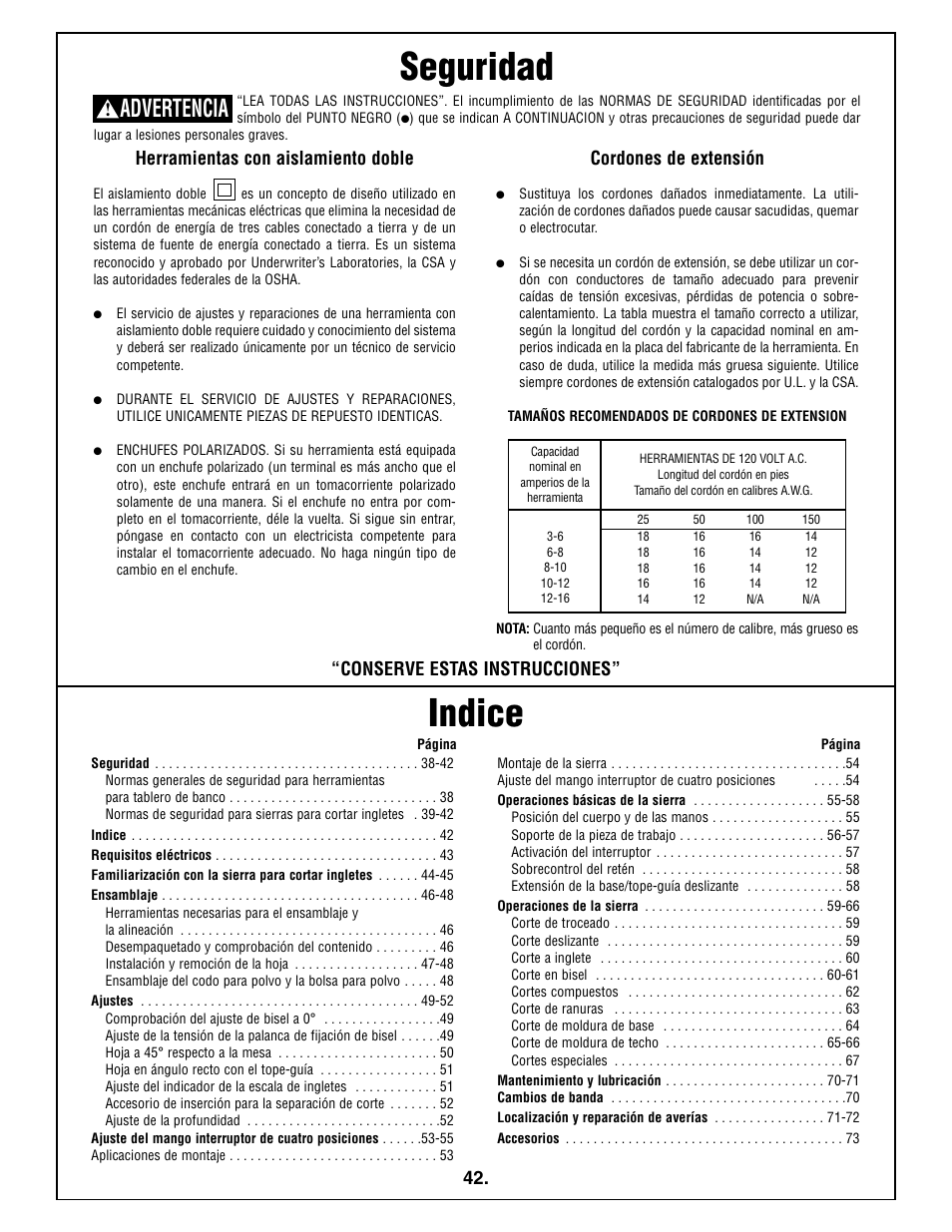 Seguridad, Indice, Advertencia | Herramientas con aislamiento doble, Cordones de extensión, Conserve estas instrucciones | Bosch 5412L User Manual | Page 42 / 112