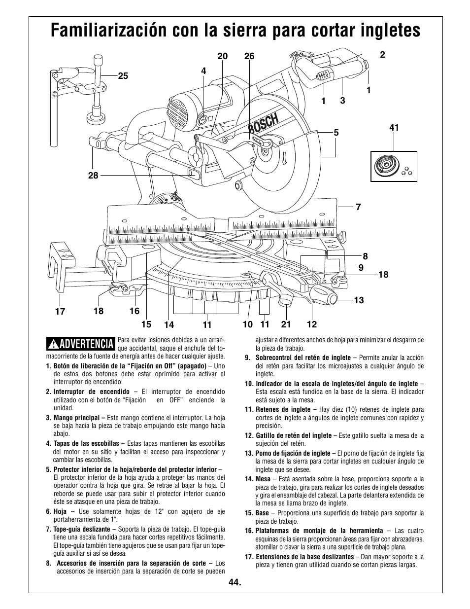 Familiarización con la sierra para cortar ingletes, Advertencia | Bosch 5412L User Manual | Page 44 / 112