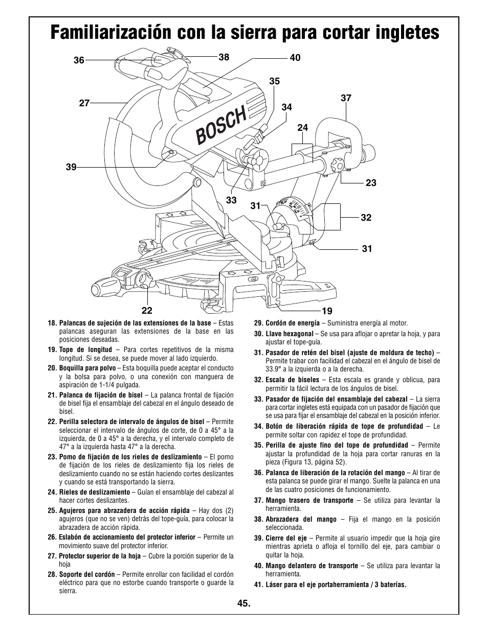 Familiarización con la sierra para cortar ingletes | Bosch 5412L User Manual | Page 45 / 112