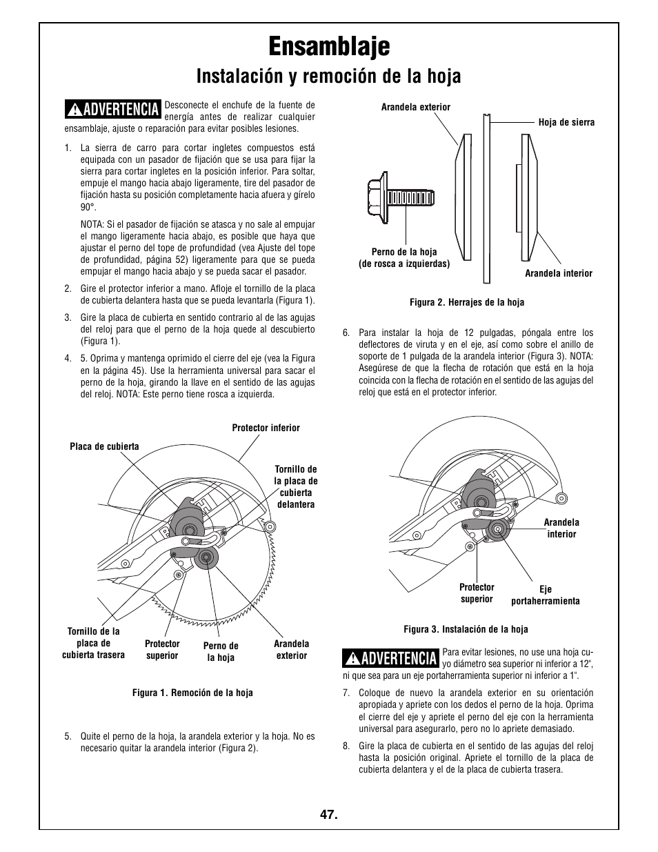 Ensamblaje, Instalación y remoción de la hoja, Advertencia | Bosch 5412L User Manual | Page 47 / 112