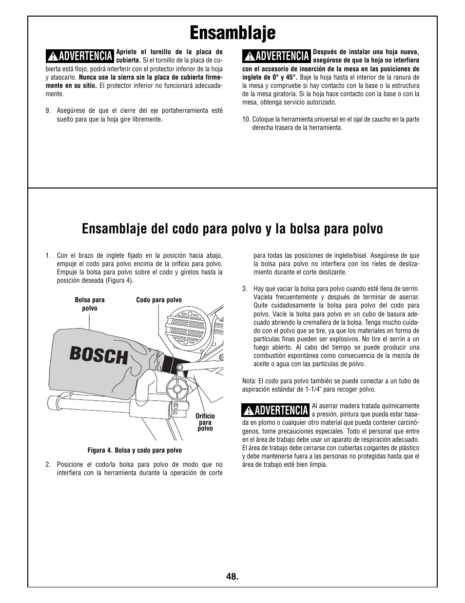 Ensamblaje, Advertencia | Bosch 5412L User Manual | Page 48 / 112