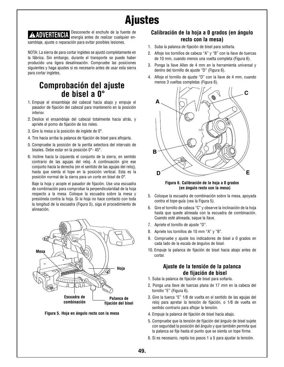 Ajustes, Comprobación del ajuste de bisel a 0, Advertencia | Bosch 5412L User Manual | Page 49 / 112