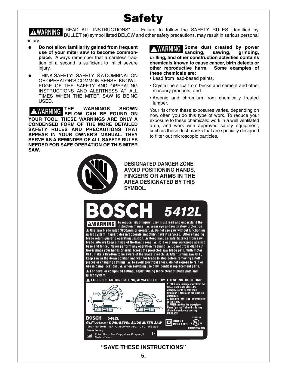 Safety, Warning | Bosch 5412L User Manual | Page 5 / 112