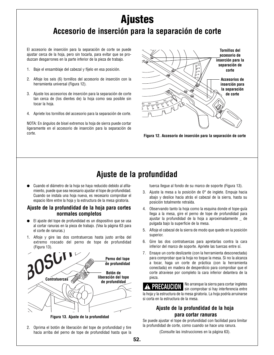 Ajustes, Precaucion | Bosch 5412L User Manual | Page 52 / 112