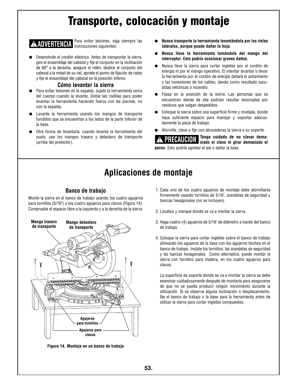 Transporte, colocación y montaje, Aplicaciones de montaje, Advertencia | Precaucion | Bosch 5412L User Manual | Page 53 / 112