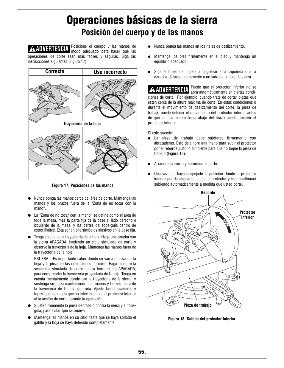 Operaciones básicas de la sierra, Posición del cuerpo y de las manos, Advertencia | Bosch 5412L User Manual | Page 55 / 112