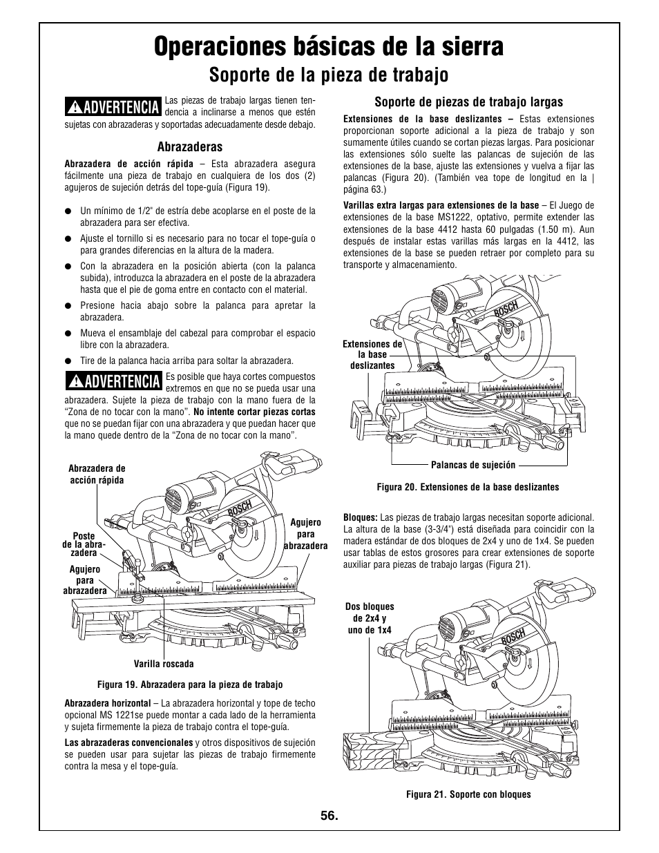 Operaciones básicas de la sierra, Soporte de la pieza de trabajo, Advertencia | Bosch 5412L User Manual | Page 56 / 112