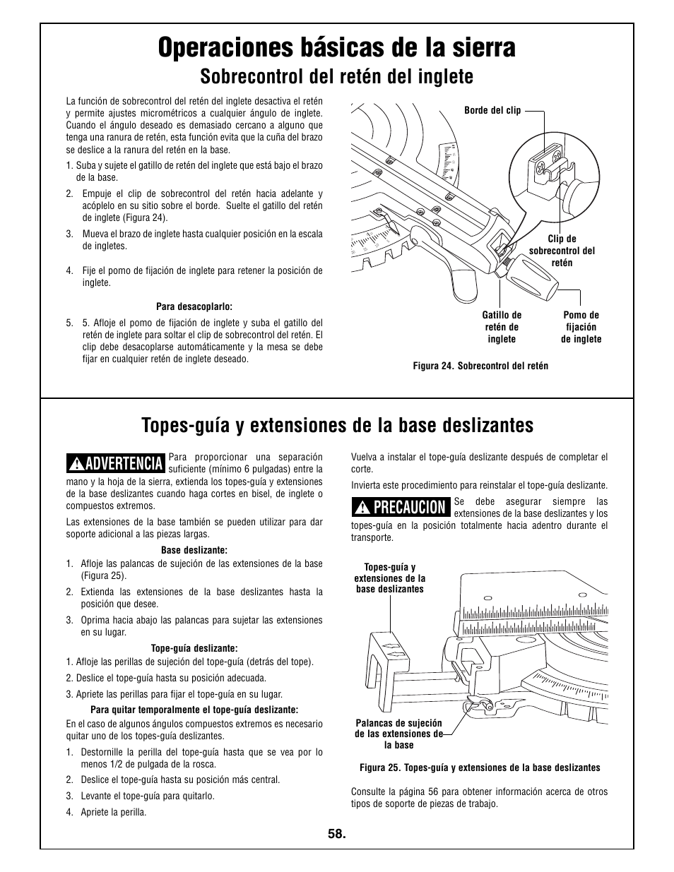 Operaciones básicas de la sierra, Sobrecontrol del retén del inglete, Topes-guía y extensiones de la base deslizantes | Advertencia, Precaucion | Bosch 5412L User Manual | Page 58 / 112