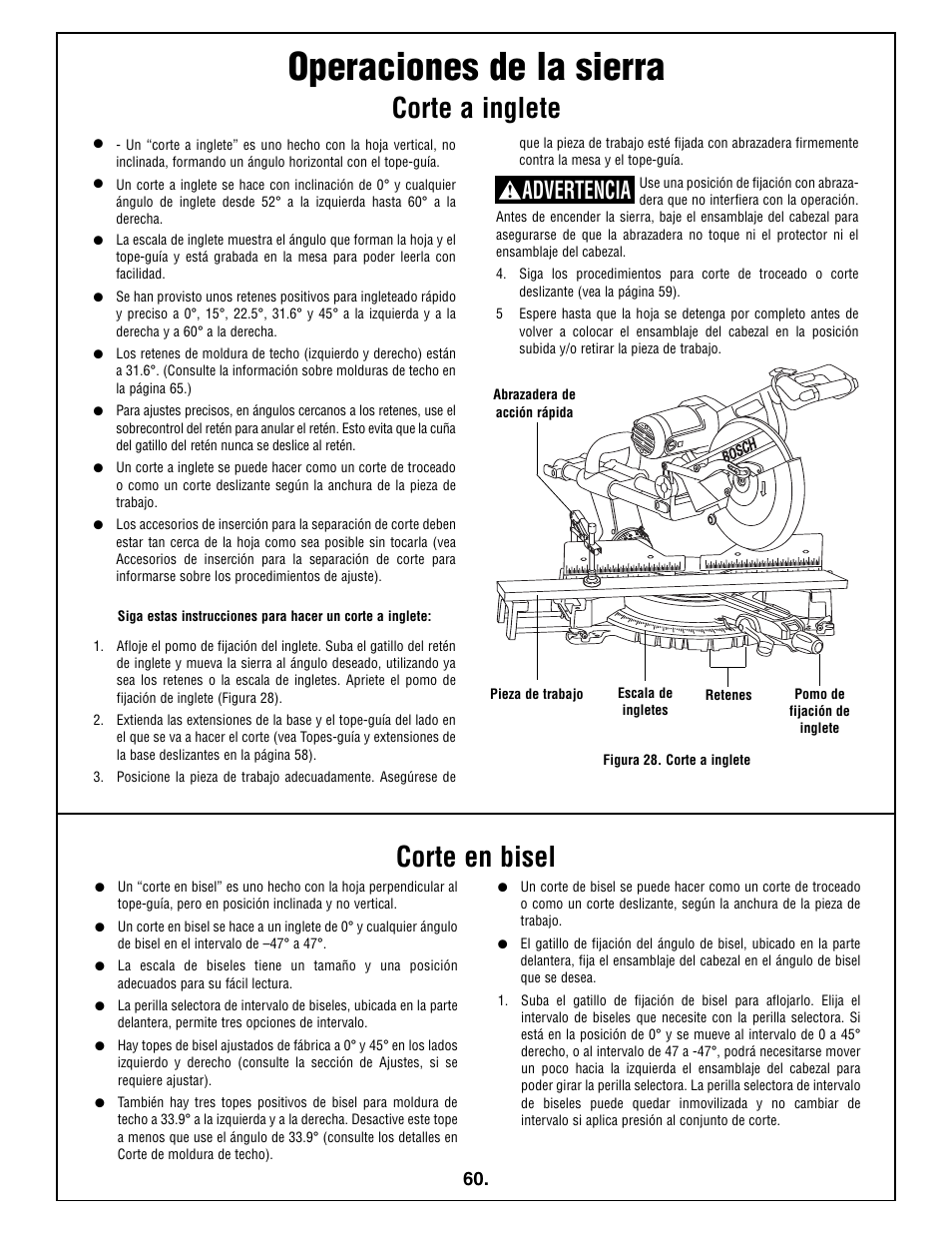 Operaciones de la sierra, Corte a inglete corte en bisel, Advertencia | Bosch 5412L User Manual | Page 60 / 112