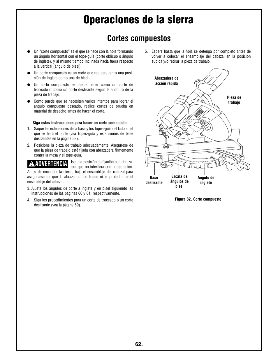 Operaciones de la sierra, Cortes compuestos, Advertencia | Bosch 5412L User Manual | Page 62 / 112