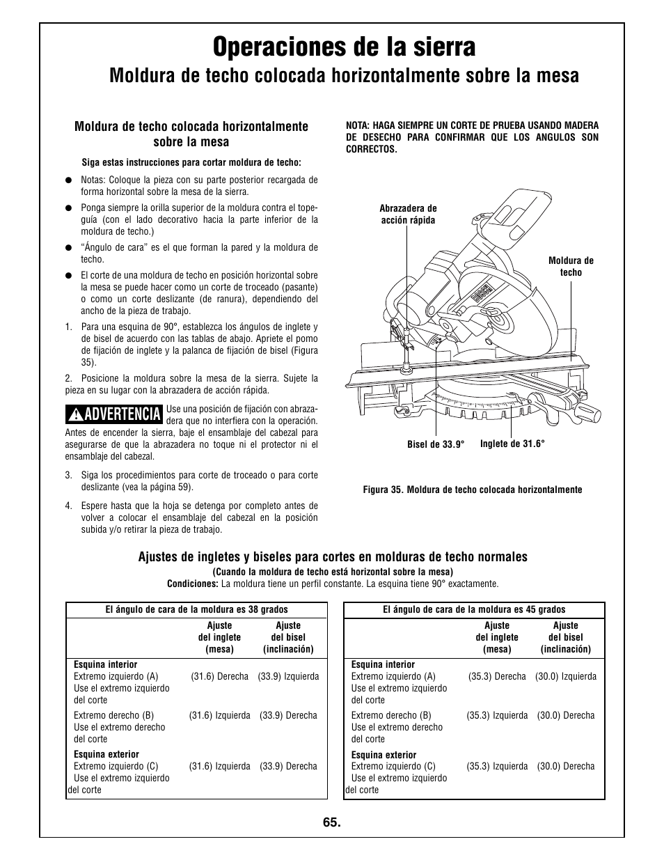 Operaciones de la sierra, Advertencia | Bosch 5412L User Manual | Page 65 / 112