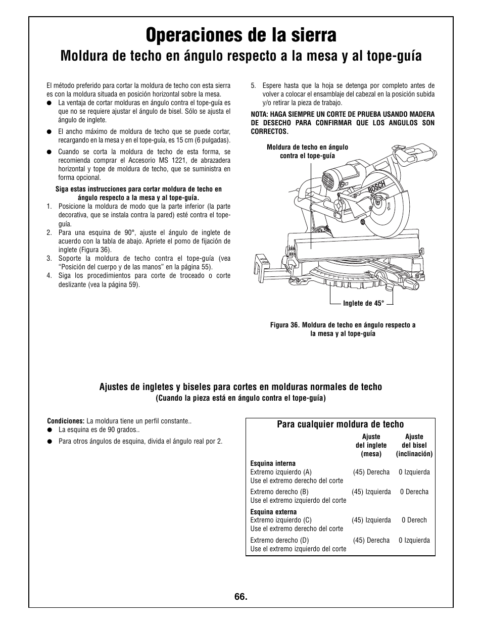 Operaciones de la sierra, Para cualquier moldura de techo | Bosch 5412L User Manual | Page 66 / 112