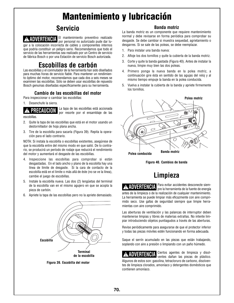 Mantenimiento y lubricación, Servicio, Escobillas de carbón | Limpieza, Precaucion, Advertencia | Bosch 5412L User Manual | Page 70 / 112