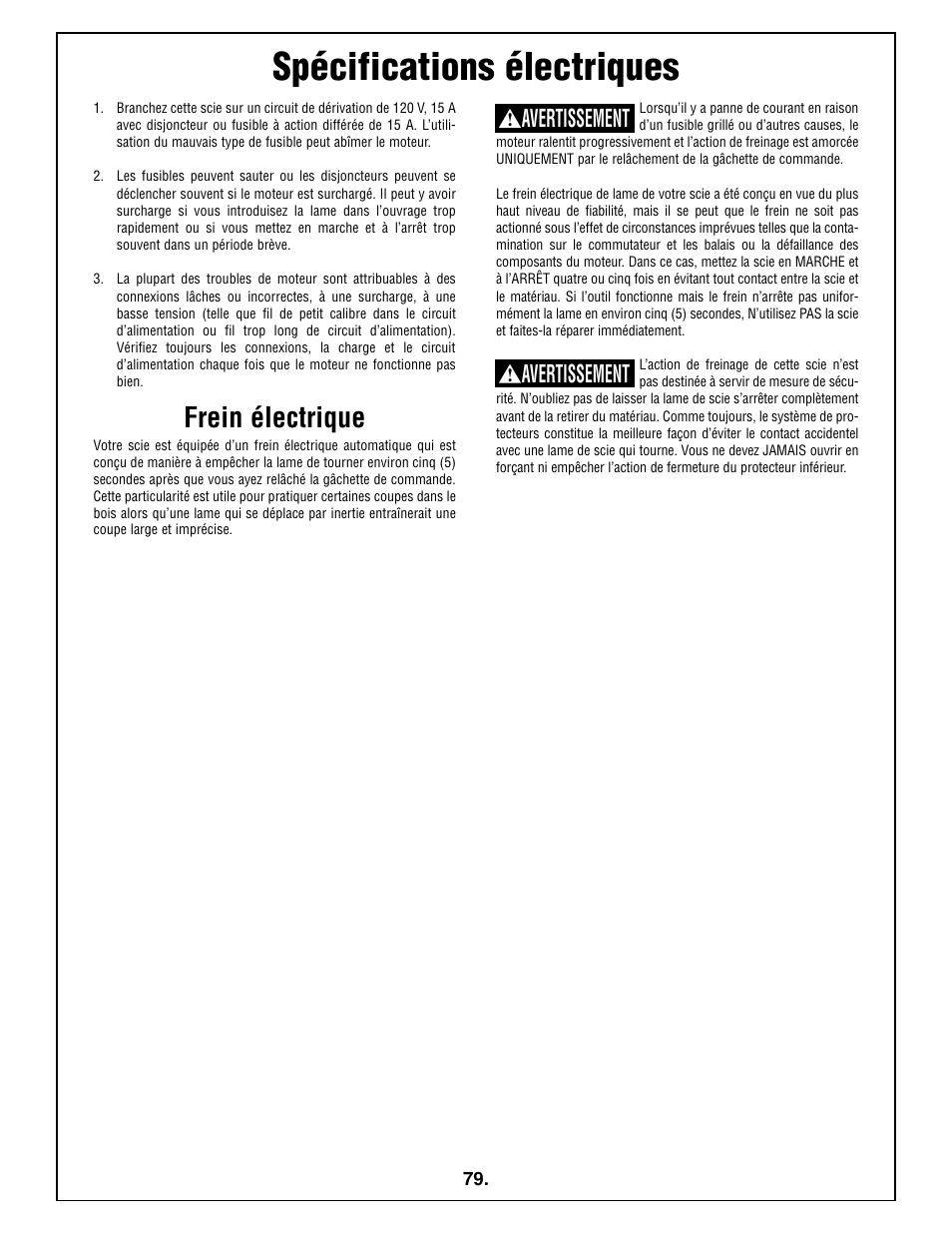 Spécifications électriques, Frein électrique, Avertissement | Bosch 5412L User Manual | Page 79 / 112