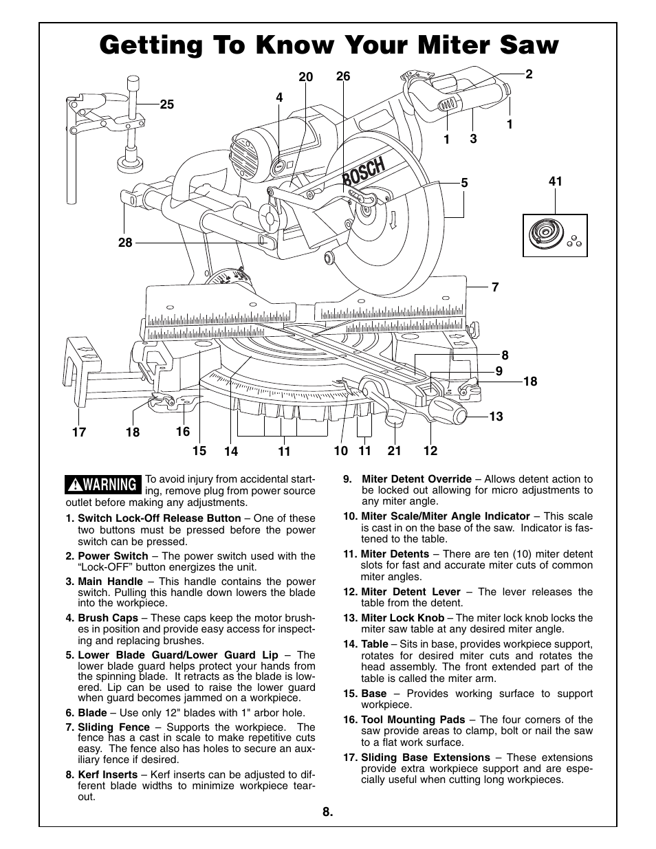 Getting to know your miter saw, Warning | Bosch 5412L User Manual | Page 8 / 112