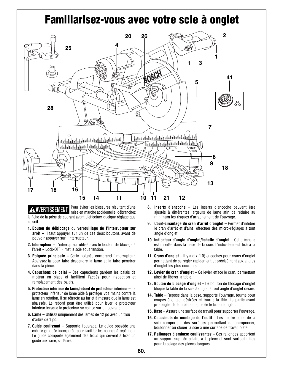 Familiarisez-vous avec votre scie à onglet, Avertissement | Bosch 5412L User Manual | Page 80 / 112