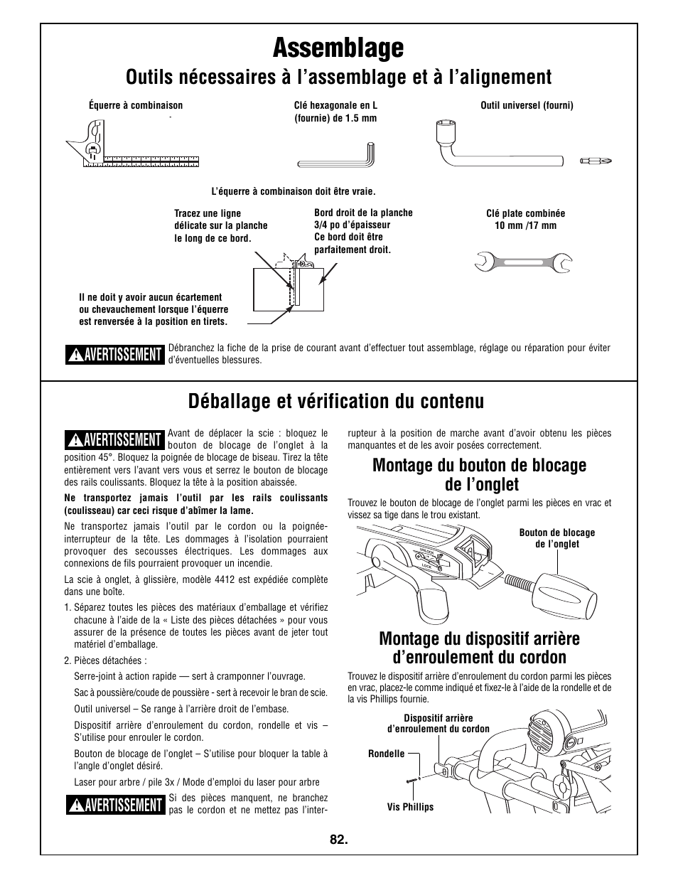 Assemblage, Déballage et vérification du contenu, Montage du bouton de blocage de l’onglet | Avertissement | Bosch 5412L User Manual | Page 82 / 112