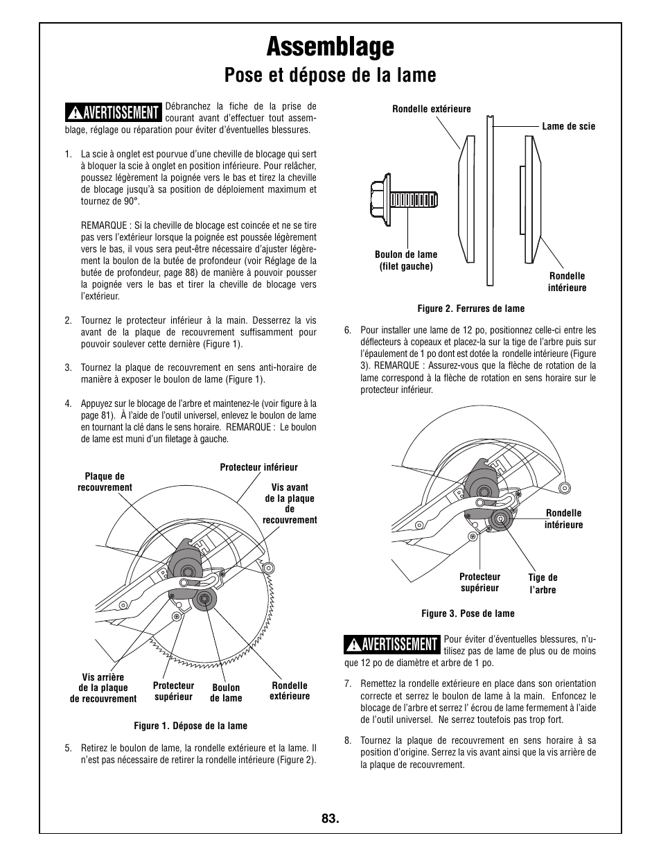 Assemblage, Pose et dépose de la lame, Avertissement | Bosch 5412L User Manual | Page 83 / 112