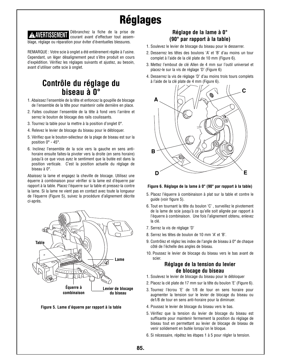 Réglages, Contrôle du réglage du biseau à 0, Avertissement | Bosch 5412L User Manual | Page 85 / 112