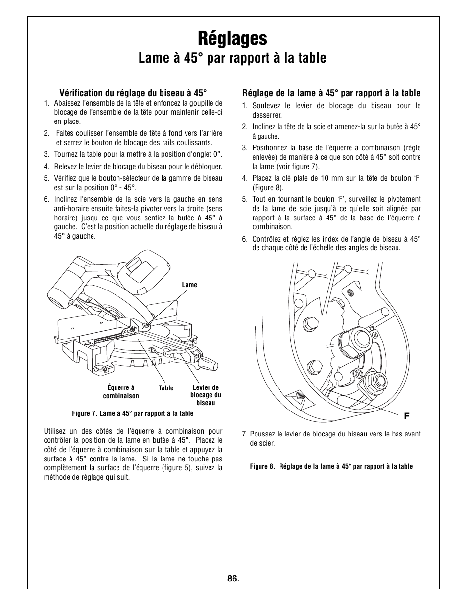 Réglages, Lame à 45° par rapport à la table | Bosch 5412L User Manual | Page 86 / 112