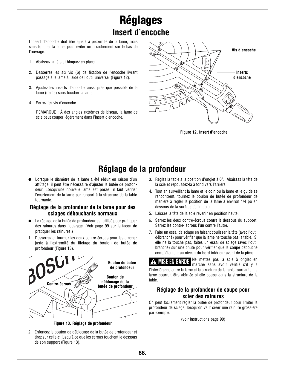 Réglages, Insert d’encoche réglage de la profondeur, Mise en garde | Bosch 5412L User Manual | Page 88 / 112