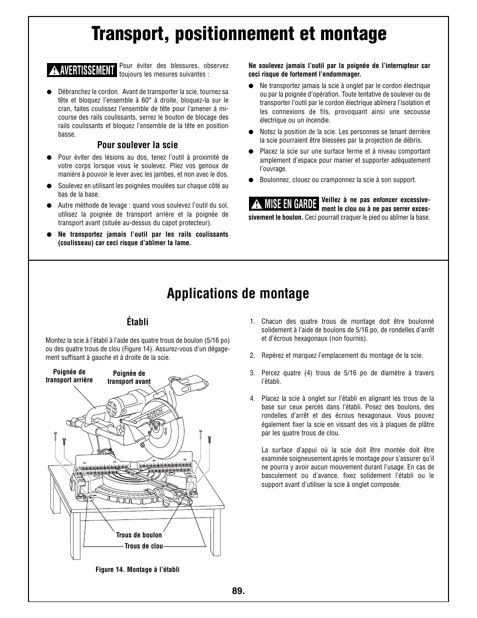 Transport, positionnement et montage, Applications de montage, Avertissement | Mise en garde | Bosch 5412L User Manual | Page 89 / 112