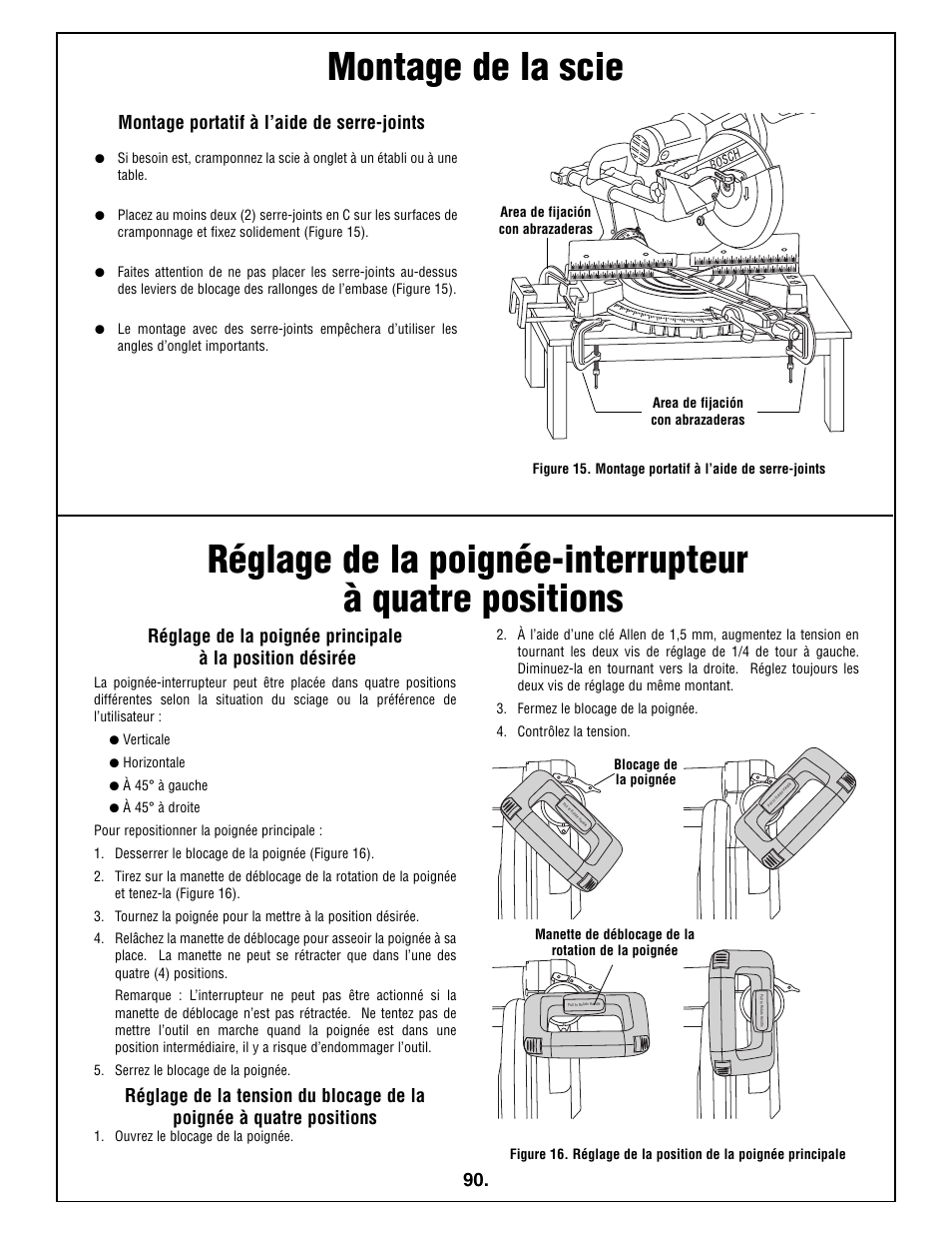 Montage de la scie, Montage portatif à l’aide de serre-joints | Bosch 5412L User Manual | Page 90 / 112