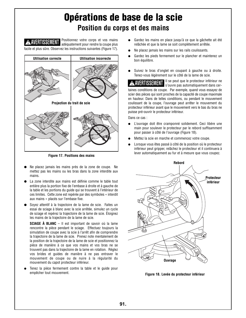 Opérations de base de la scie, Position du corps et des mains, Avertissement | Bosch 5412L User Manual | Page 91 / 112