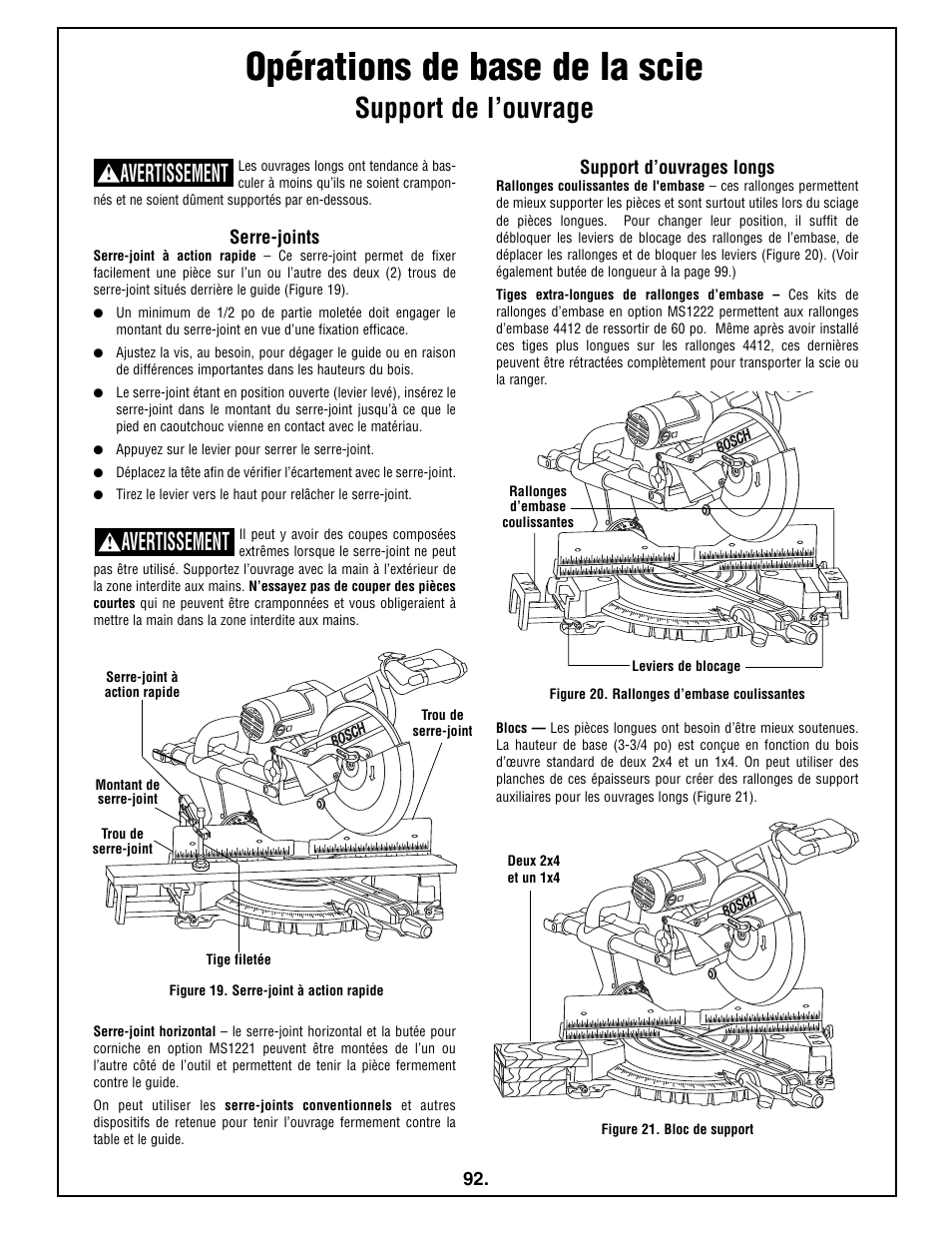 Opérations de base de la scie, Support de l’ouvrage, Avertissement | Bosch 5412L User Manual | Page 92 / 112