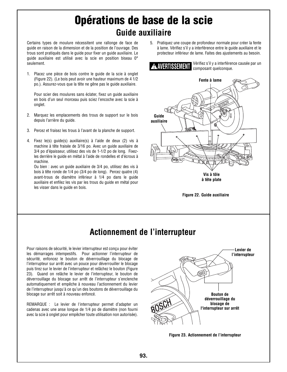 Opérations de base de la scie, Guide auxiliaire, Actionnement de l’interrupteur | Avertissement | Bosch 5412L User Manual | Page 93 / 112