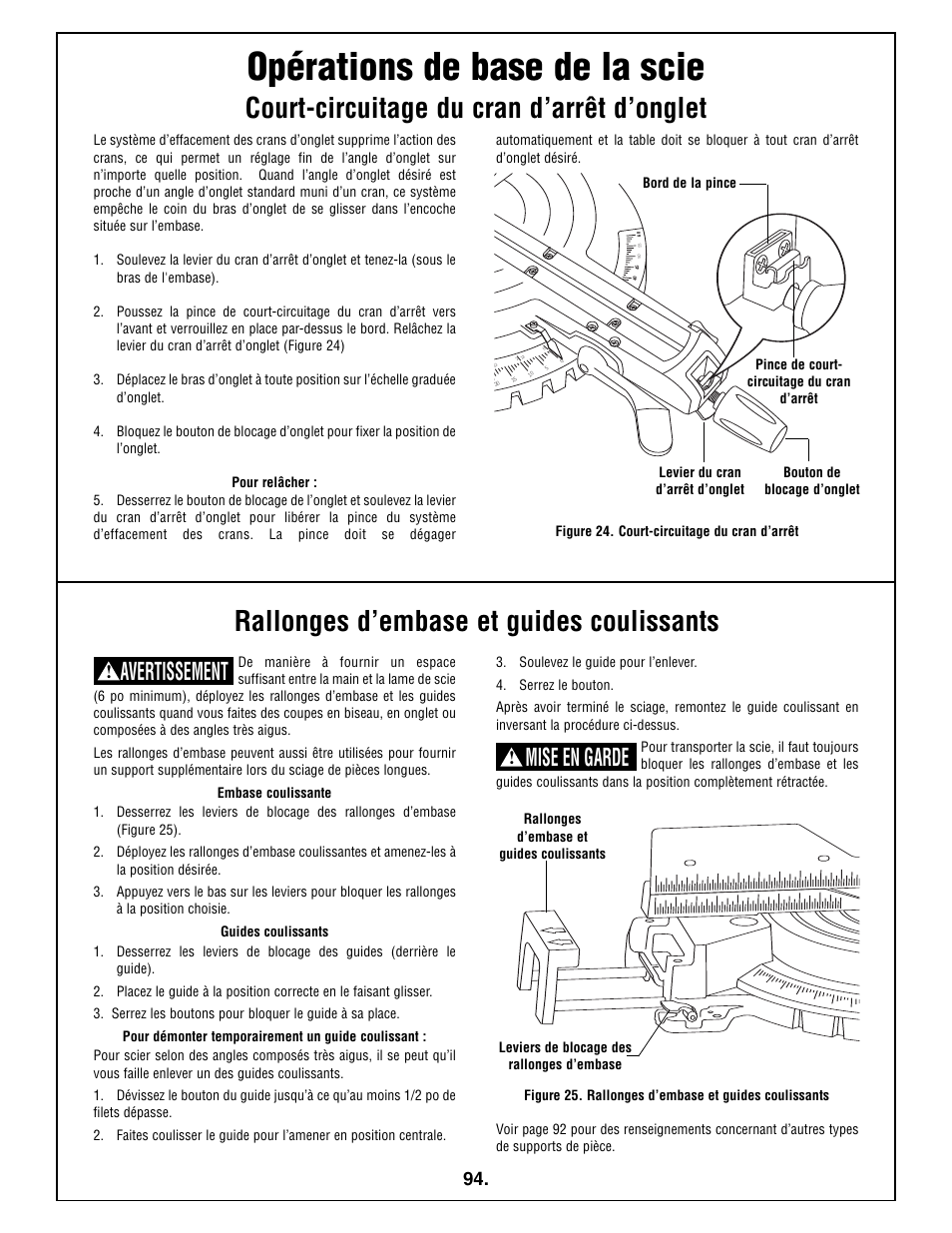 Opérations de base de la scie, Court-circuitage du cran d’arrêt d’onglet, Rallonges d’embase et guides coulissants | Avertissement, Mise en garde | Bosch 5412L User Manual | Page 94 / 112