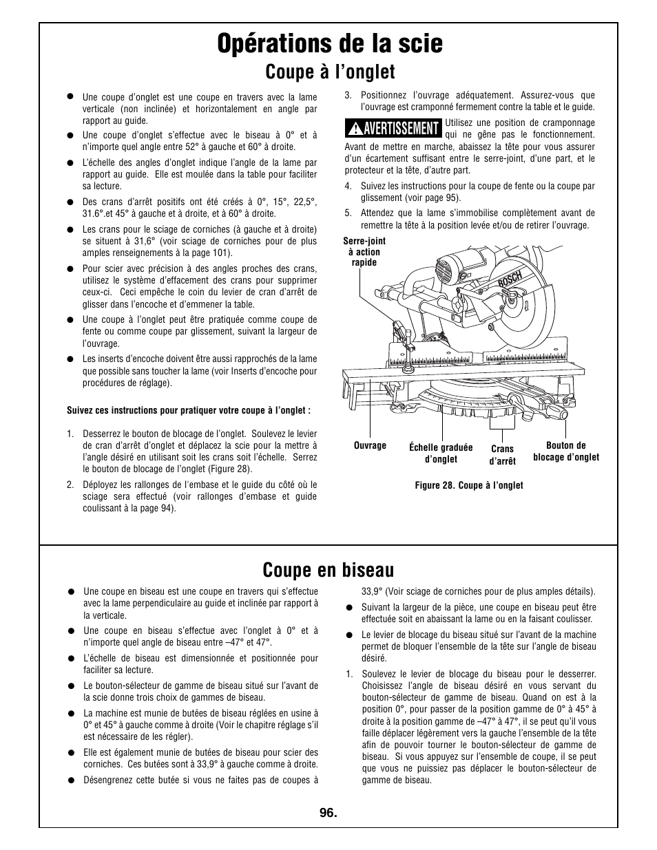 Opérations de la scie, Coupe à l’onglet coupe en biseau, Avertissement | Bosch 5412L User Manual | Page 96 / 112