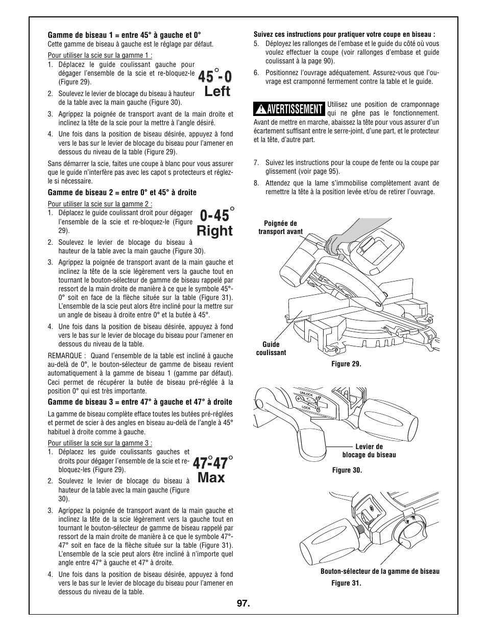 Left, Right, Avertissement | Bosch 5412L User Manual | Page 97 / 112