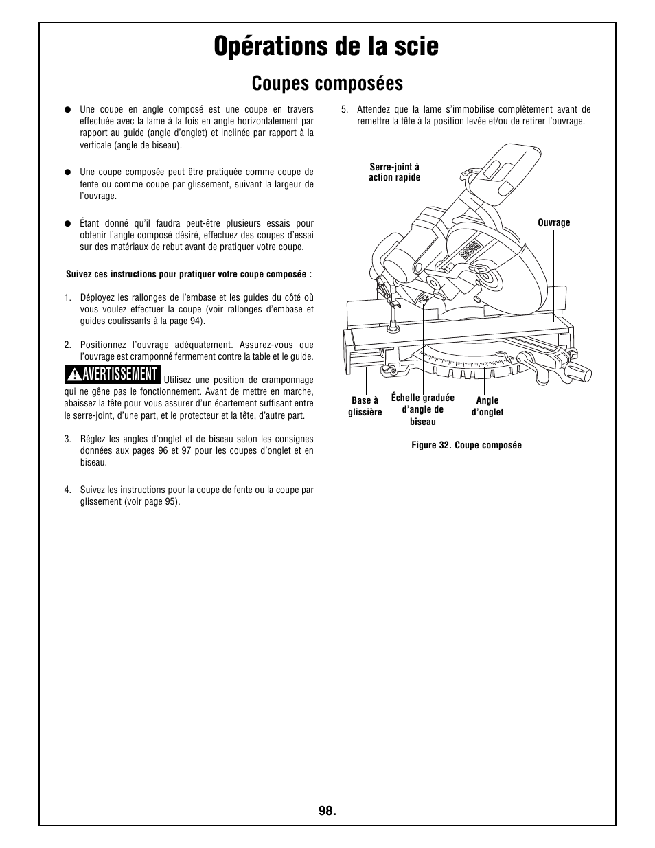 Opérations de la scie, Coupes composées, Avertissement | Bosch 5412L User Manual | Page 98 / 112