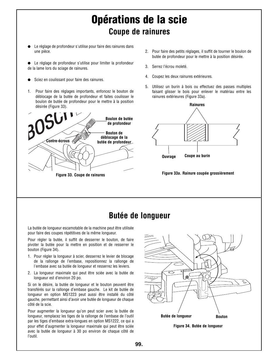 Opérations de la scie, Coupe de rainures, Butée de longueur | Bosch 5412L User Manual | Page 99 / 112