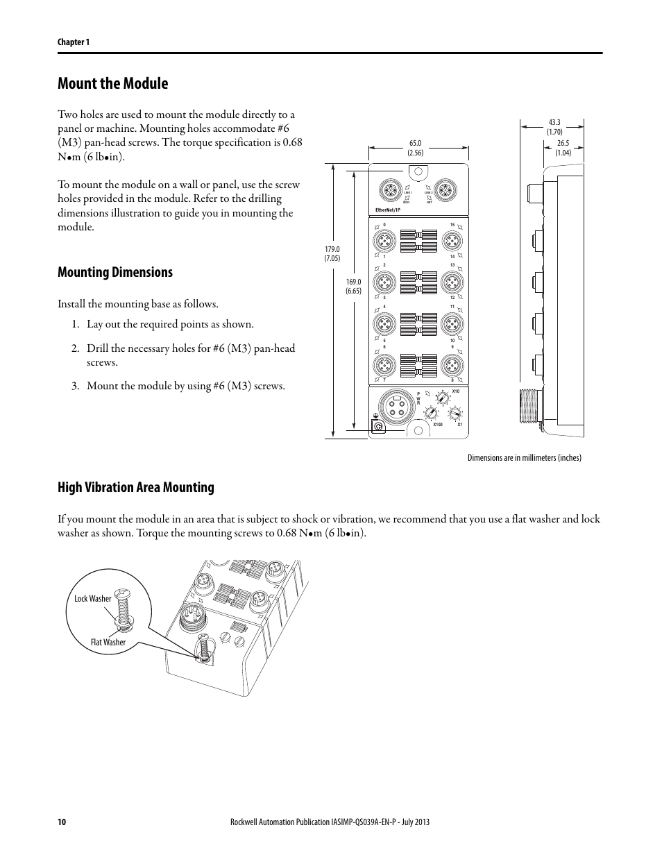 Mount the module, Mounting dimensions, High vibration area mounting | Rockwell Automation Logix5000 Control Systems: Connect ArmorBlock I/O Modules over Ethernet Quick Start User Manual | Page 10 / 30