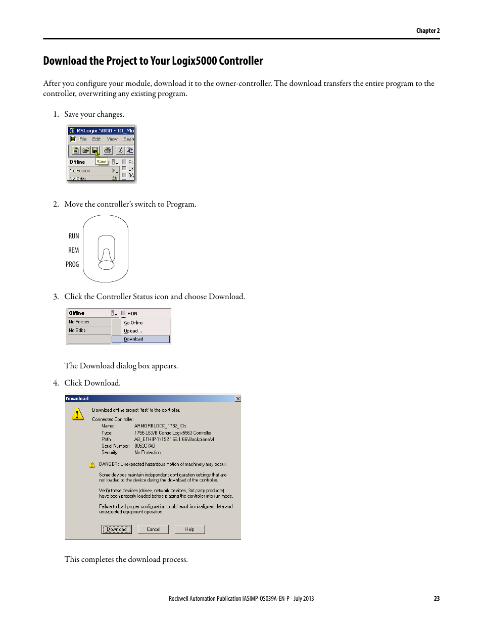 Download the project to your logix5000 controller | Rockwell Automation Logix5000 Control Systems: Connect ArmorBlock I/O Modules over Ethernet Quick Start User Manual | Page 23 / 30
