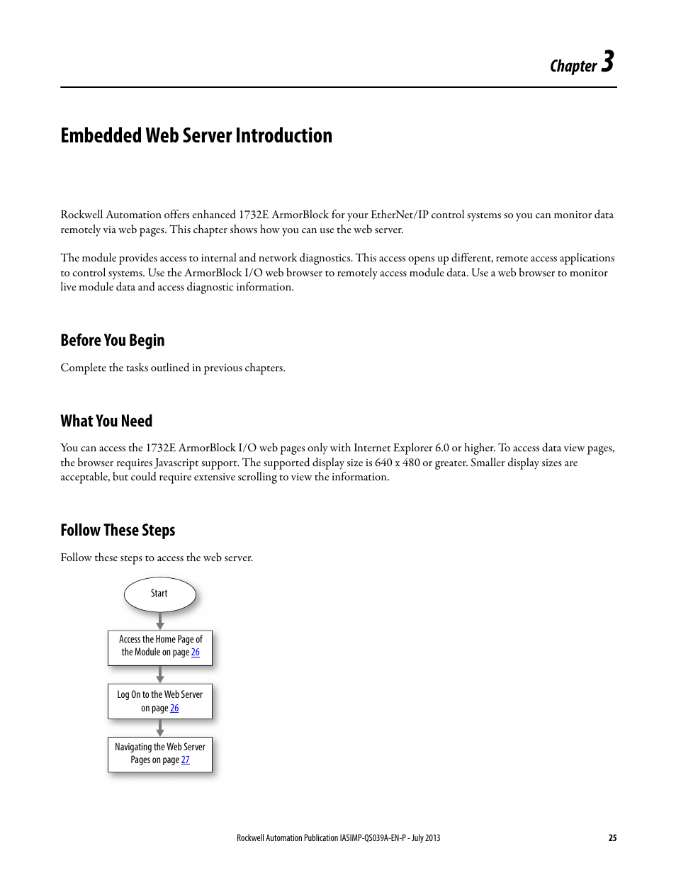 Chapter 3, Embedded web server introduction, Before you begin | What you need, Follow these steps, Chapter 3 embedded web server introduction, Before you begin what you need follow these steps, Chapter | Rockwell Automation Logix5000 Control Systems: Connect ArmorBlock I/O Modules over Ethernet Quick Start User Manual | Page 25 / 30