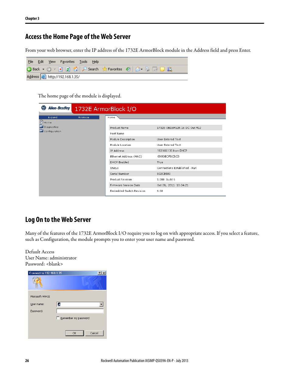 Log on to the web server, Access the home page of the web server | Rockwell Automation Logix5000 Control Systems: Connect ArmorBlock I/O Modules over Ethernet Quick Start User Manual | Page 26 / 30