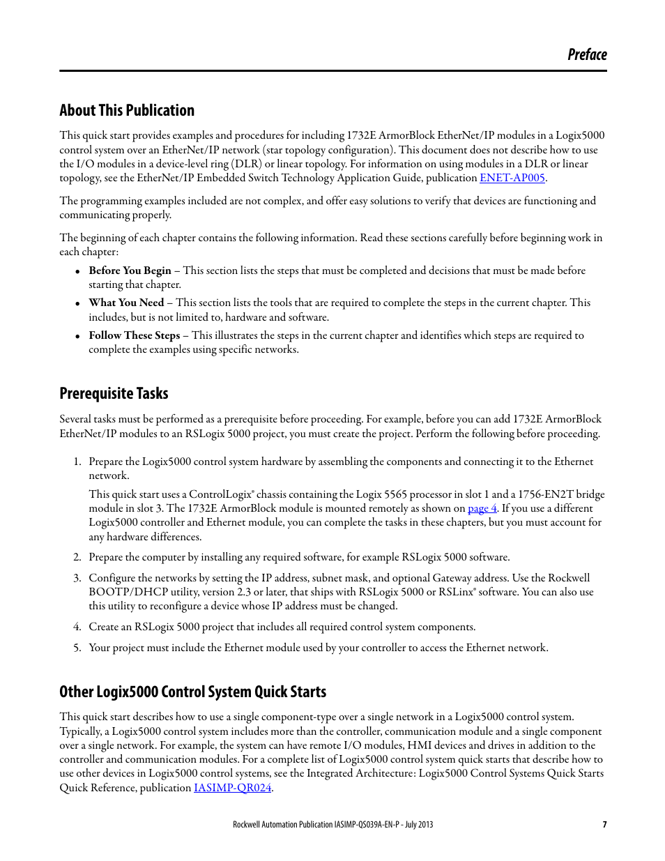 Preface, About this publication, Prerequisite tasks | Other logix5000 control system quick starts, Preface about this publication | Rockwell Automation Logix5000 Control Systems: Connect ArmorBlock I/O Modules over Ethernet Quick Start User Manual | Page 7 / 30