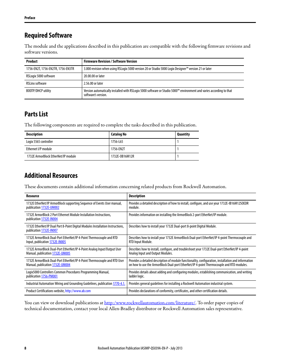 Required software, Parts list, Additional resources | Required software parts list additional resources | Rockwell Automation Logix5000 Control Systems: Connect ArmorBlock I/O Modules over Ethernet Quick Start User Manual | Page 8 / 30