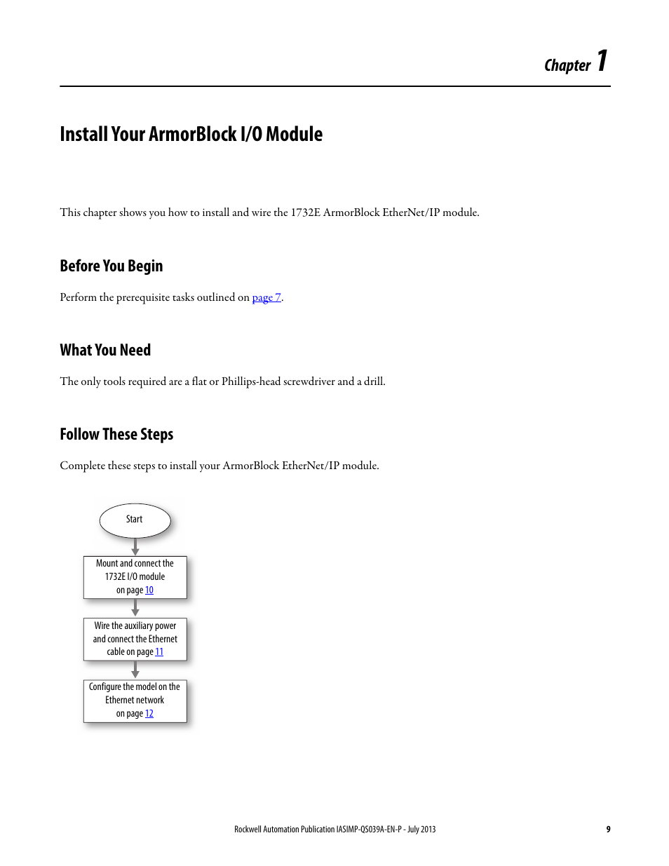 Chapter 1, Install your armorblock i/o module, Before you begin | What you need, Follow these steps, Chapter 1 install your armorblock i/o module, Before you begin what you need follow these steps, Chapter | Rockwell Automation Logix5000 Control Systems: Connect ArmorBlock I/O Modules over Ethernet Quick Start User Manual | Page 9 / 30