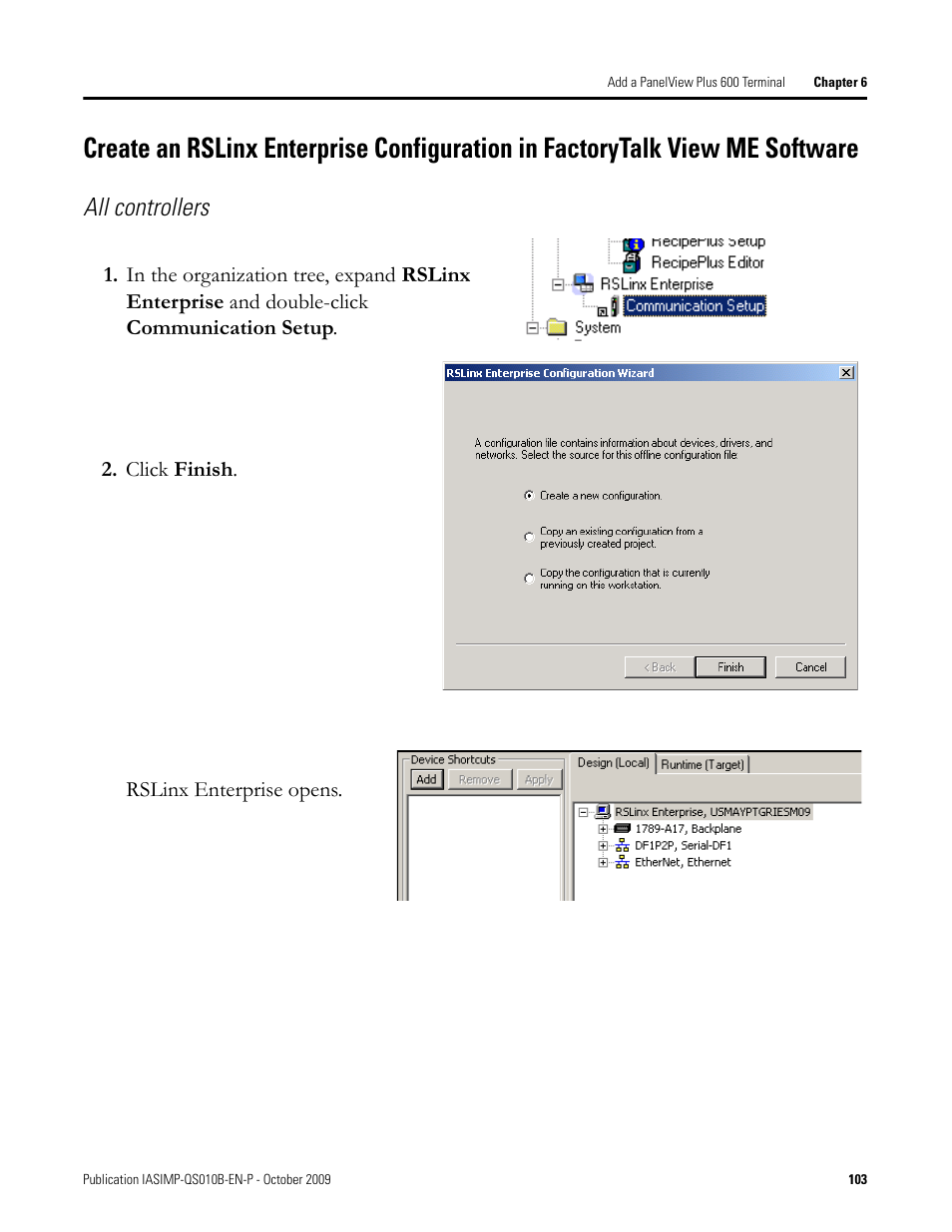 Create an rslinx, Enterprise, Configuration in | Factorytalk view me, All controllers | Rockwell Automation 1769-L23E-QB1B_L23E-QBFC1B_L23-QBFC1B CompactLogix Packaged Controllers Quick Start and User Manual User Manual | Page 103 / 249