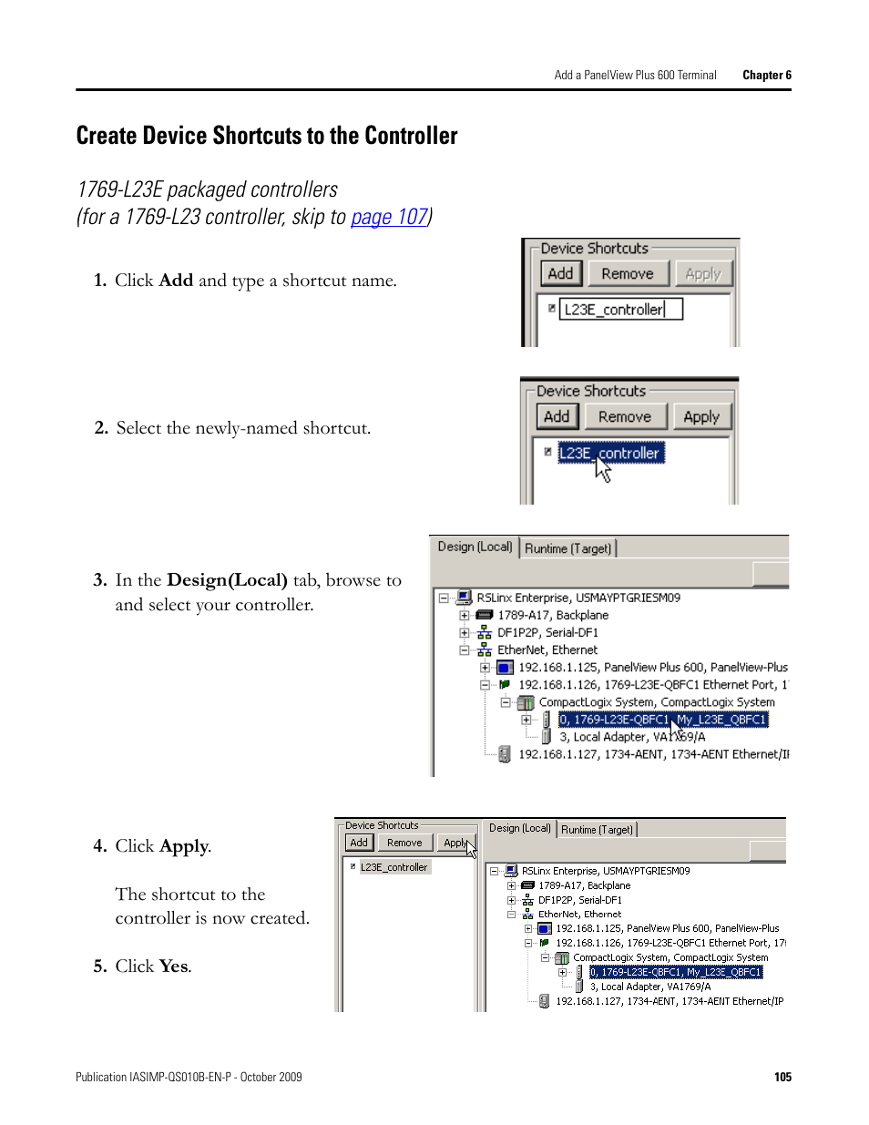 Create device shortcuts to the controller, Create device, Shortcuts to the | Controller, O to, Create, Device shortcuts to the controller | Rockwell Automation 1769-L23E-QB1B_L23E-QBFC1B_L23-QBFC1B CompactLogix Packaged Controllers Quick Start and User Manual User Manual | Page 105 / 249