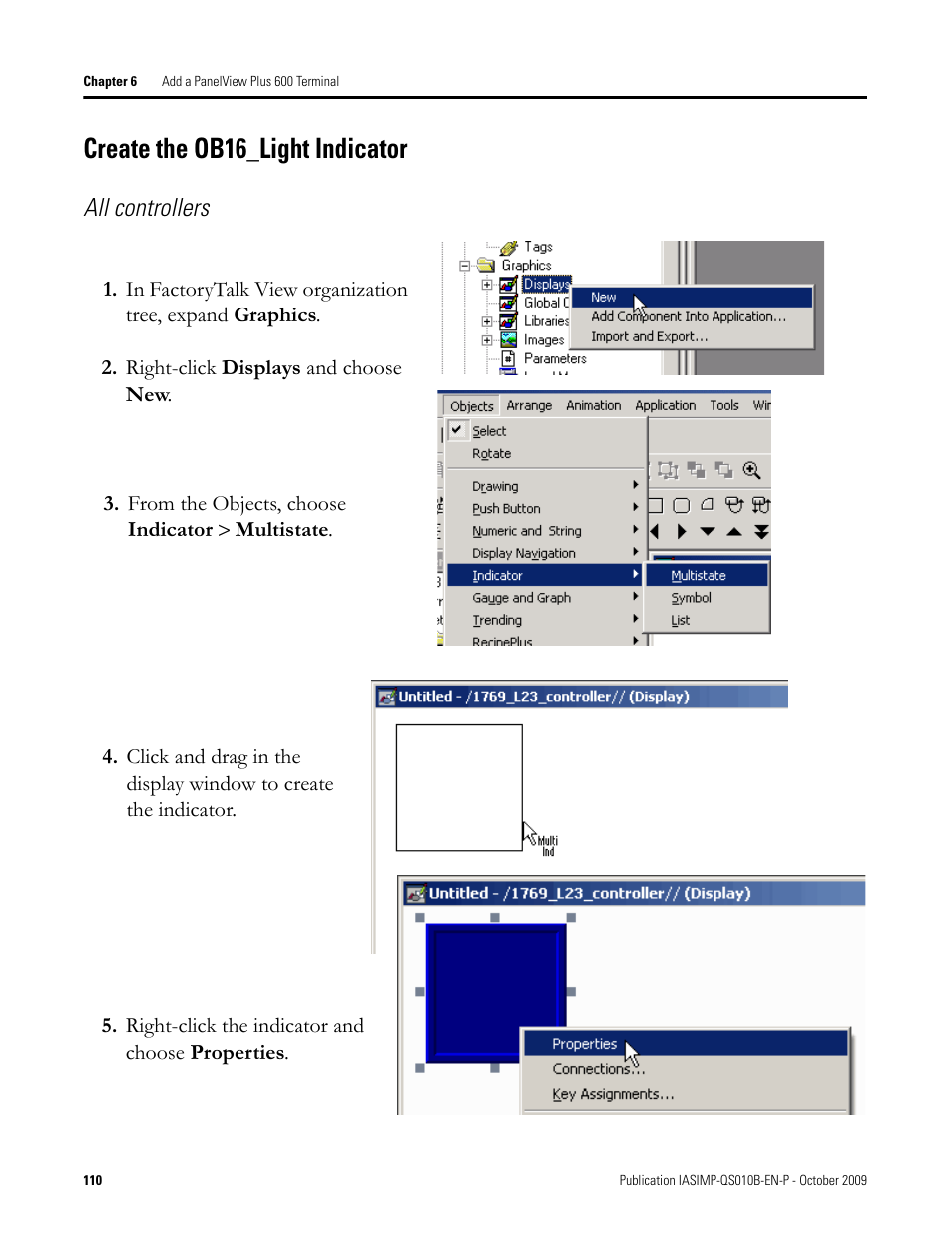 Create the ob16_light indicator, Create the, Ob16_light | Indicator, Go to, All controllers | Rockwell Automation 1769-L23E-QB1B_L23E-QBFC1B_L23-QBFC1B CompactLogix Packaged Controllers Quick Start and User Manual User Manual | Page 110 / 249